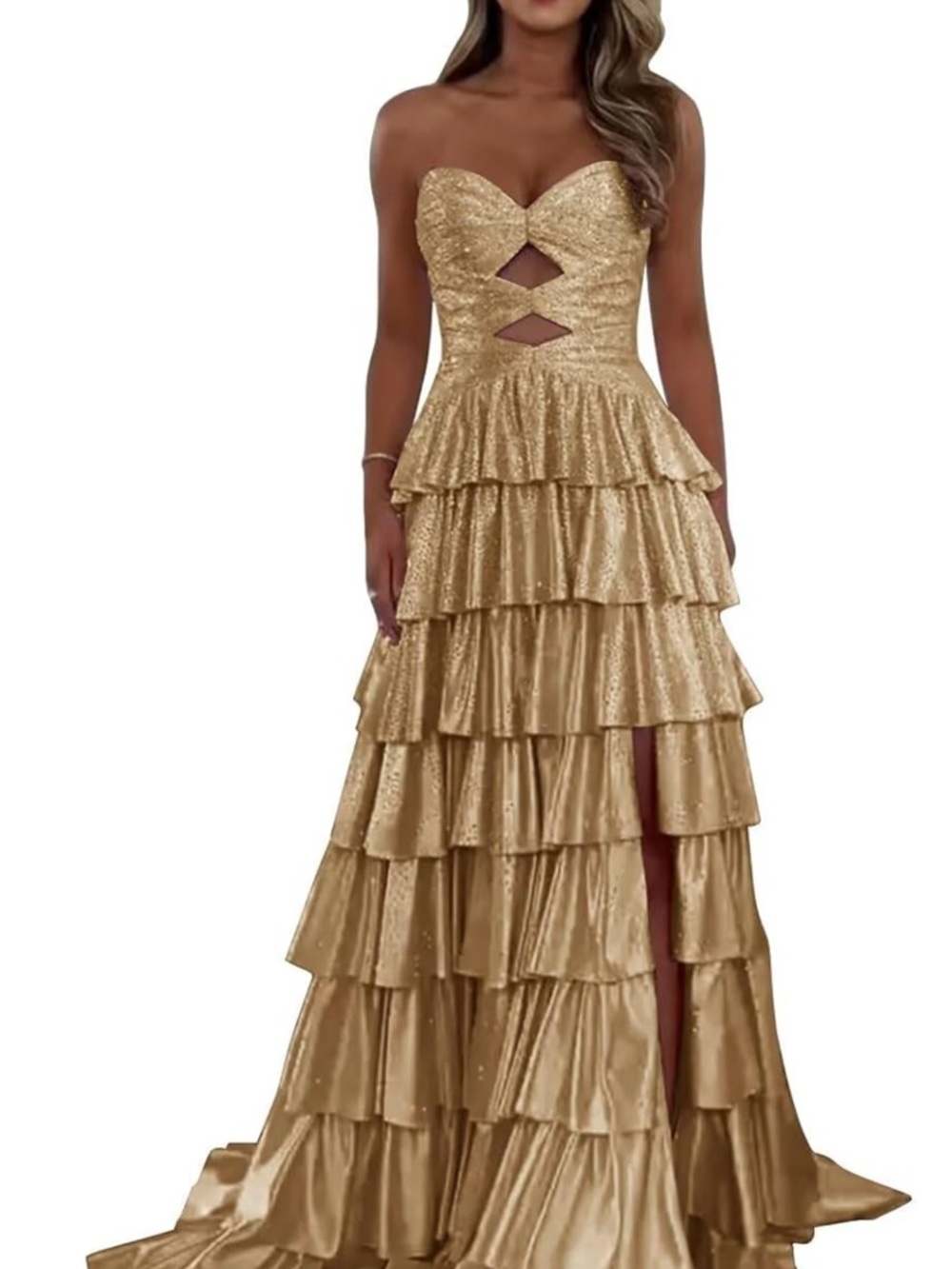 Gold Strapless Tiered Ruffle Maxi Dress with Cutout Detail
